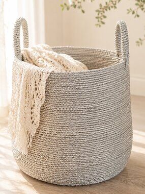 Large Metallic Silver Woven Basket With Sturdy Handles